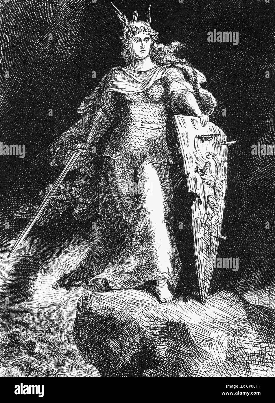 Germania, personification of the German Nation, wood engraving, 19th century, full length, Stock Photo