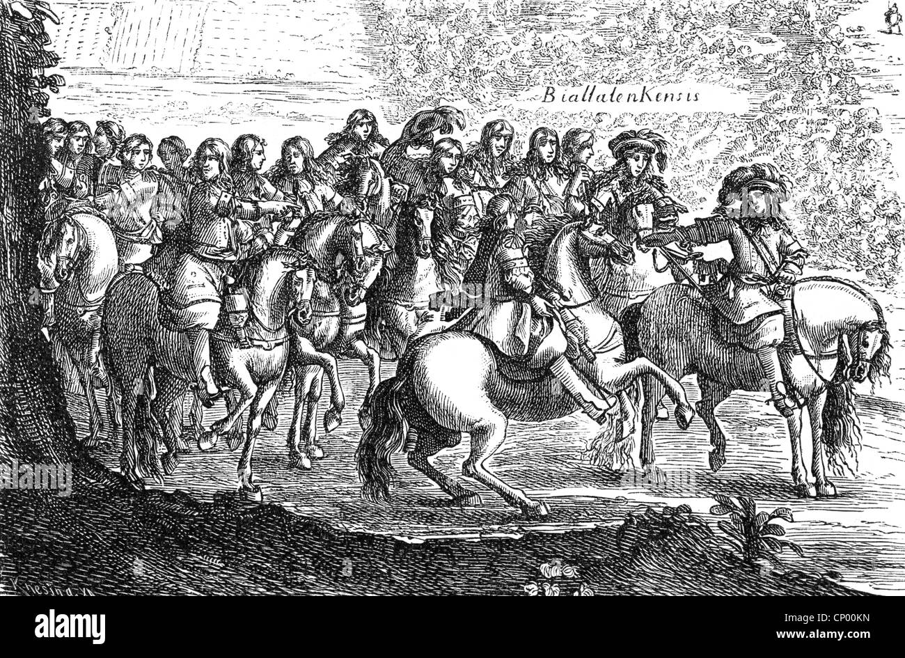 Charles  X Gustav, 8.11.1622 - 23 2.1660, King of Sweden 16.6.1654 - 23.2.1660, with Frederick William of Brandenburg in the Battle of Warsaw, 28.- 30.7.1656, etching after drawing by E. J. Dahlberg, 'De rebus a Carolo Gustavo gestis' by Samuel von Pufendorf, Nuremberg, 1696, , Stock Photo