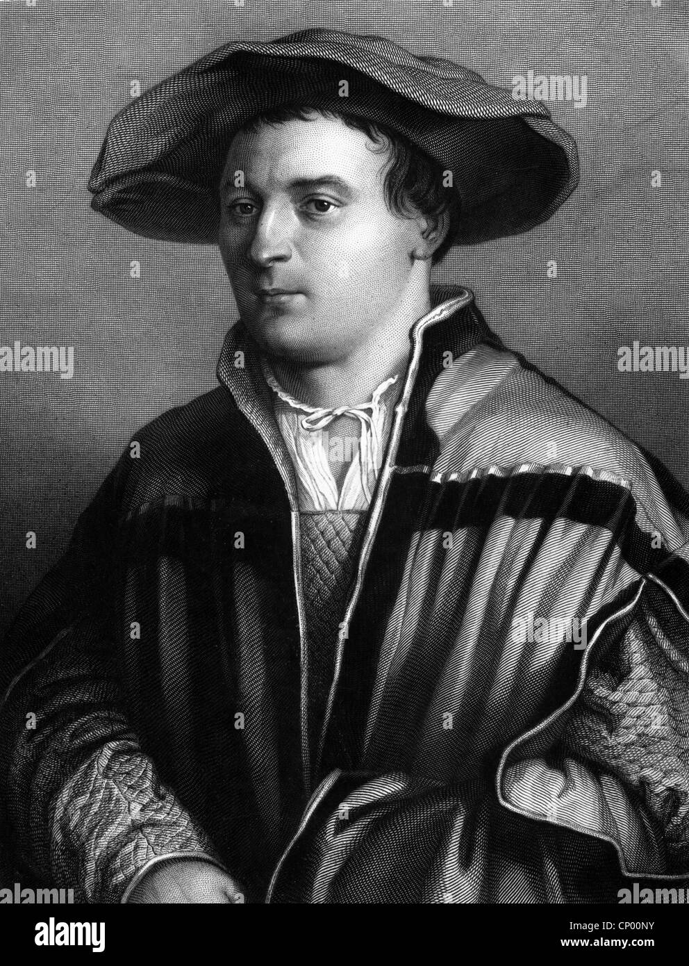 Holbein, Hans, der Jüngere, 1497 - 29.11.1543, German artist (painter, graphic artist), half length, copper engraving by Friedrich Weber, after the self-half length by Holbein, Artist's Copyright has not to be cleared Stock Photo