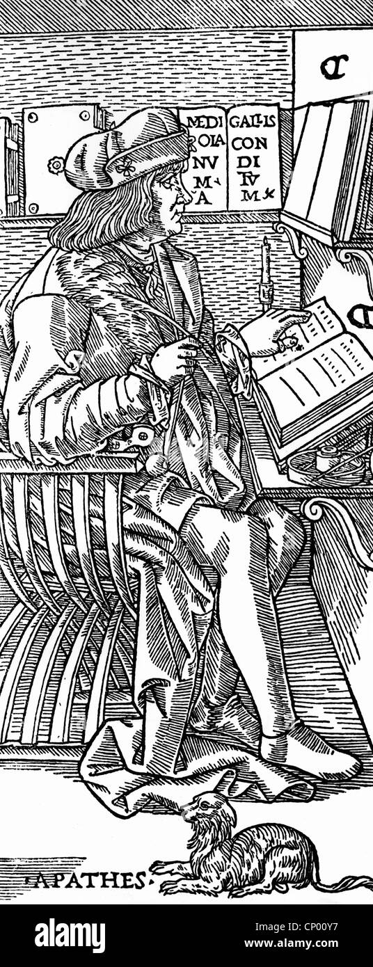 science, academic, scholar sitting at desk, woodcut, Milanese chronicle by E. Corio, 1503, Additional-Rights-Clearences-Not Available Stock Photo
