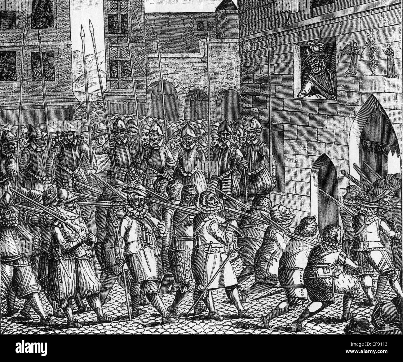 events, French Wars of Religion 1562 - 1598, Eigth War 1585 - 1598, the Spanish garrison is leaving Paris, 1593, King Henry IV at the window, contemporary copper engraving, France, Civil War, religious War, catholics, catholic league, retreat, Spaniards, Spain, soldiers, Henri III on Navarre, 16th century, historic, historical, people, Additional-Rights-Clearences-Not Available Stock Photo