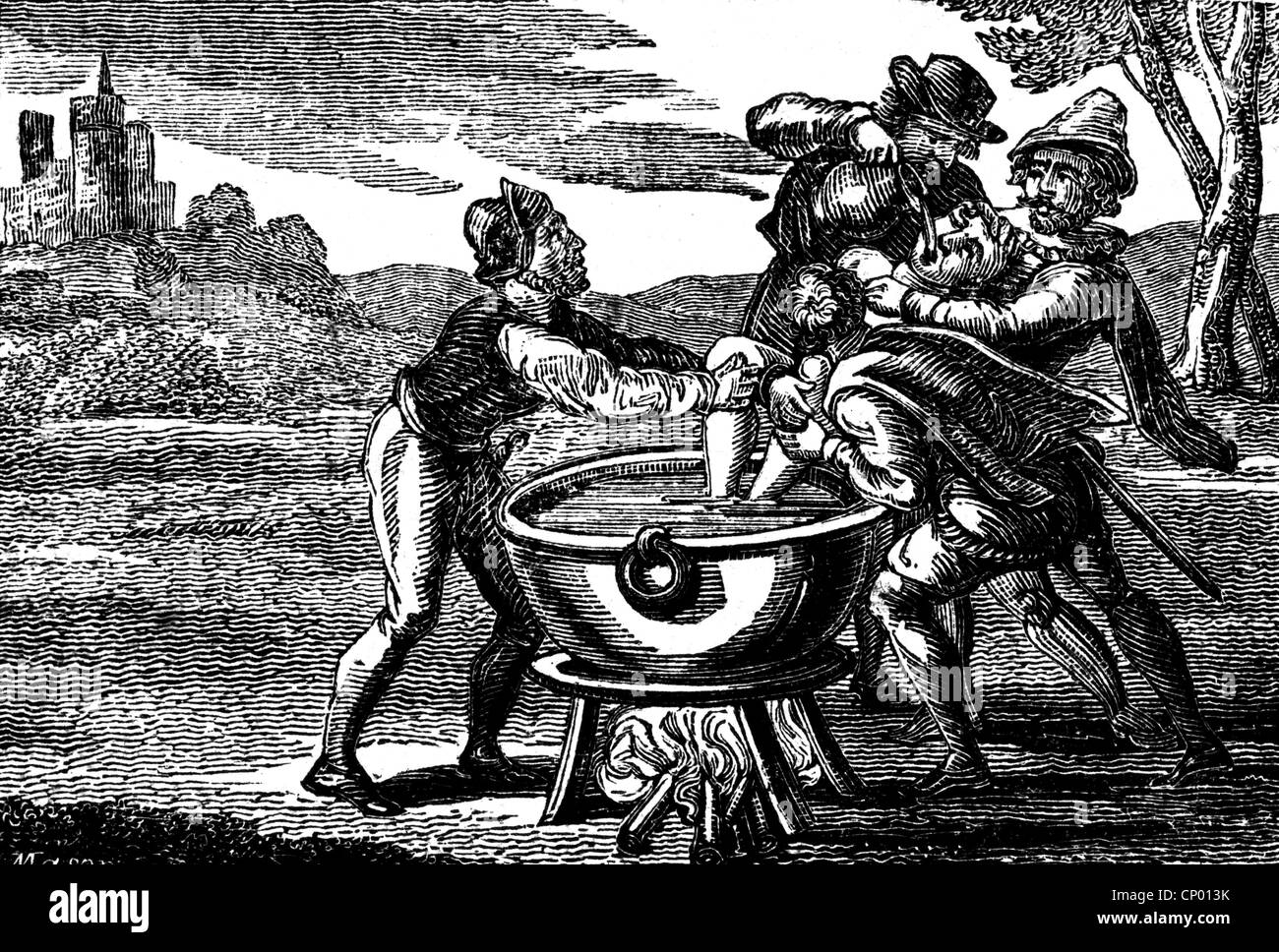 events, French Wars of Religion 1562 - 1598, huguenots torturing a catholic priest, copper engraving, William Andrews, 'Review of Fox's Book of Martyrs', 1826, , Artist's Copyright has not to be cleared Stock Photo