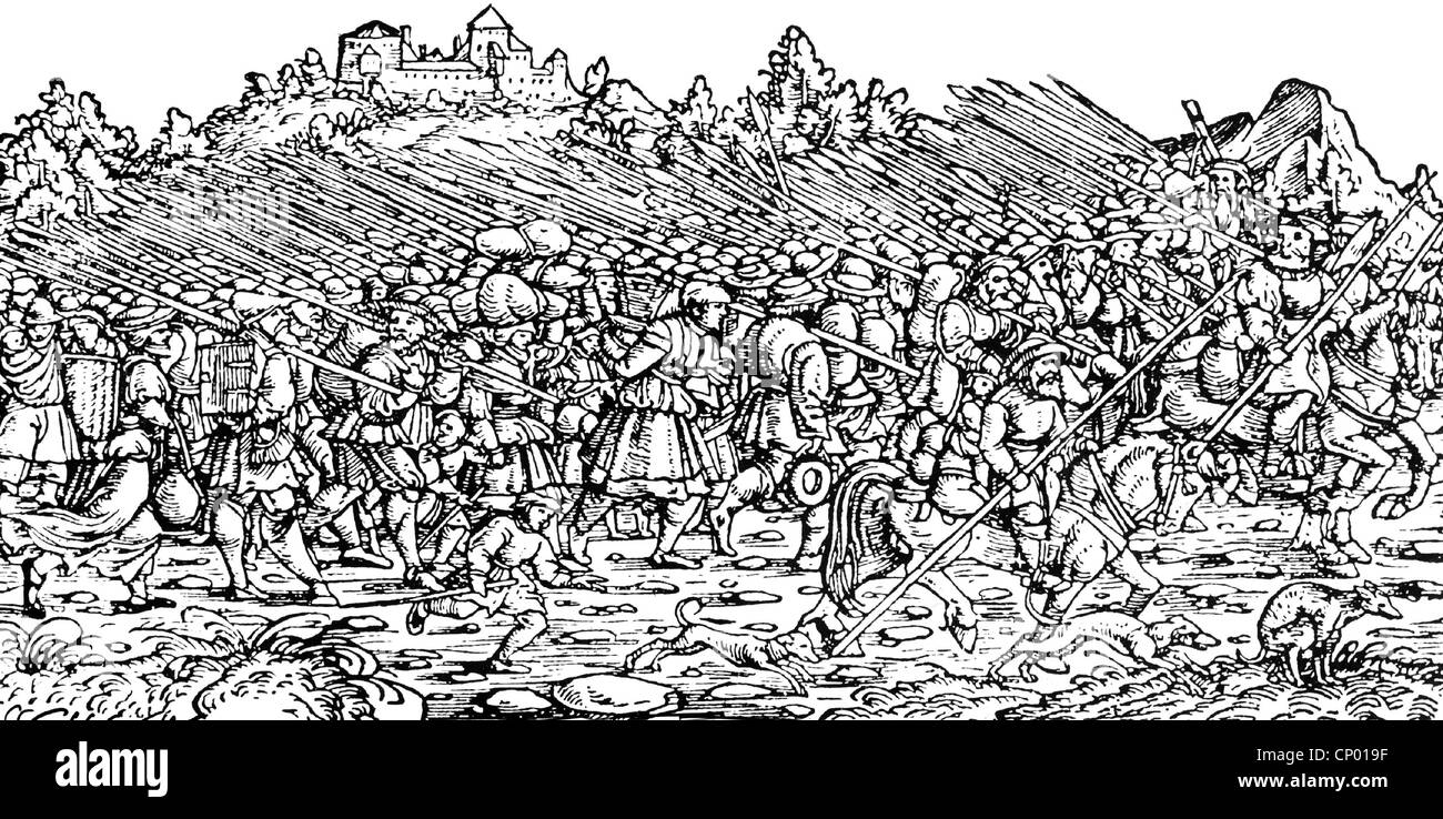 events, German Peasants' War 1524 - 1526, peasant army on the march in Southern Germany, 1525, contemporary woodcut, weapons, provisions, baggage, peasants, rebellion, uprising, revolt, children, women, dogs, lances, warriors, insurgents, rebels, revolters, Germany, 16th century, historic, historical, people, Additional-Rights-Clearences-Not Available Stock Photo