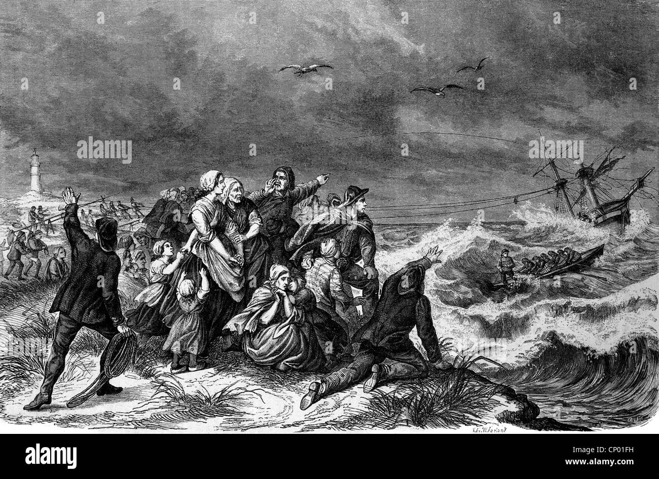 transport / transportation, distress at sea, rescue out of distress with rocket launcher and lifeboat, wood engraving, 1867, Additional-Rights-Clearences-Not Available Stock Photo