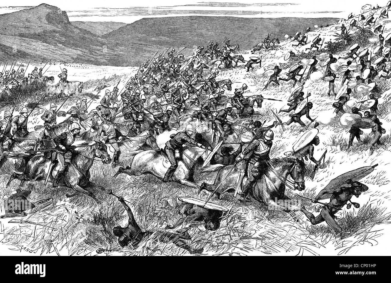 events, Anglo-Zulu War, 1879, Battle of Ulundi, 4.7.1879, British cavalry pursuing fleeing Zulus, wood engraving, 19th century, historic, historical, Uhlan, Uhlans, 19th Lancers, Natives, fight, fighting, riders, steppe, flight, savannah, savanna, colonialism, South Africa, colonial war, people, Additional-Rights-Clearences-Not Available Stock Photo