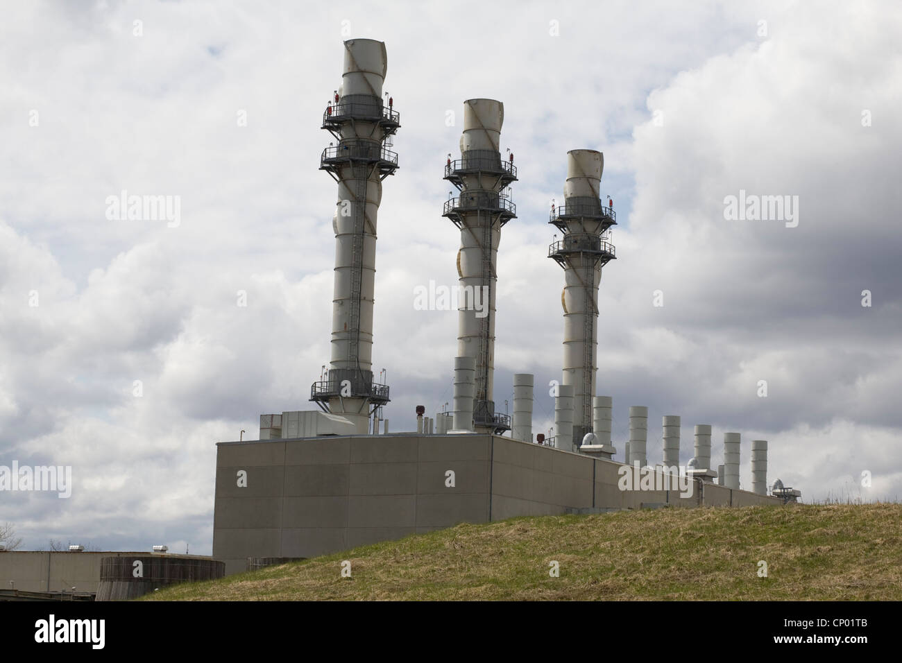 Smokestacks with scrubbers rise from a General Electric plant in