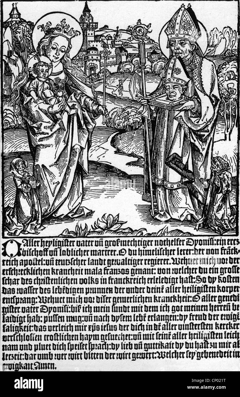 medicine, sexually transmitted diseases, syphilis, prayer of Saint Dionysius with woodcut of the patron and madonna, 16th century, historic, historical, venereal disease /VD/, genital disease, sexually transmitted diseases, venereal diseases, genital diseases, French disease, saints, Virgin Mary, Jesus Christ, people, Additional-Rights-Clearences-Not Available Stock Photo