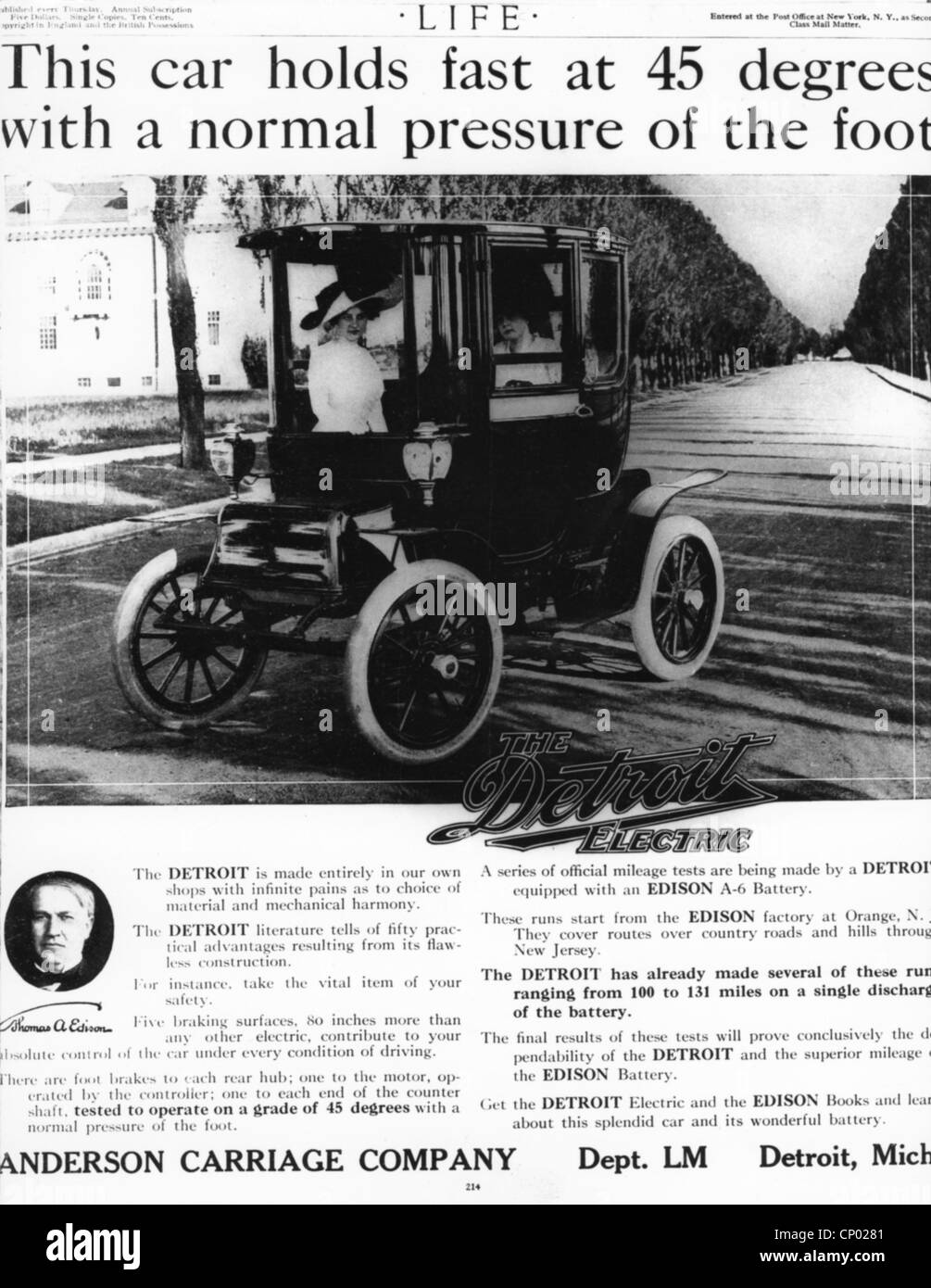advertising, cars, Detroit Electric, battery powered electric car of Anderson Carriage Company, Detroit, advert, 'Life', New York, 1907, , Additional-Rights-Clearences-Not Available Stock Photo