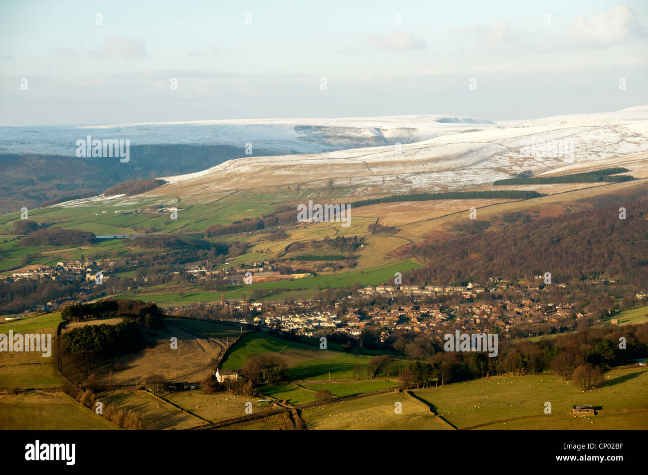 Glossop from the Worm Stones, Peak District, Derbyshire, England, UK. Laddow Moss in the distance. Stock Photo