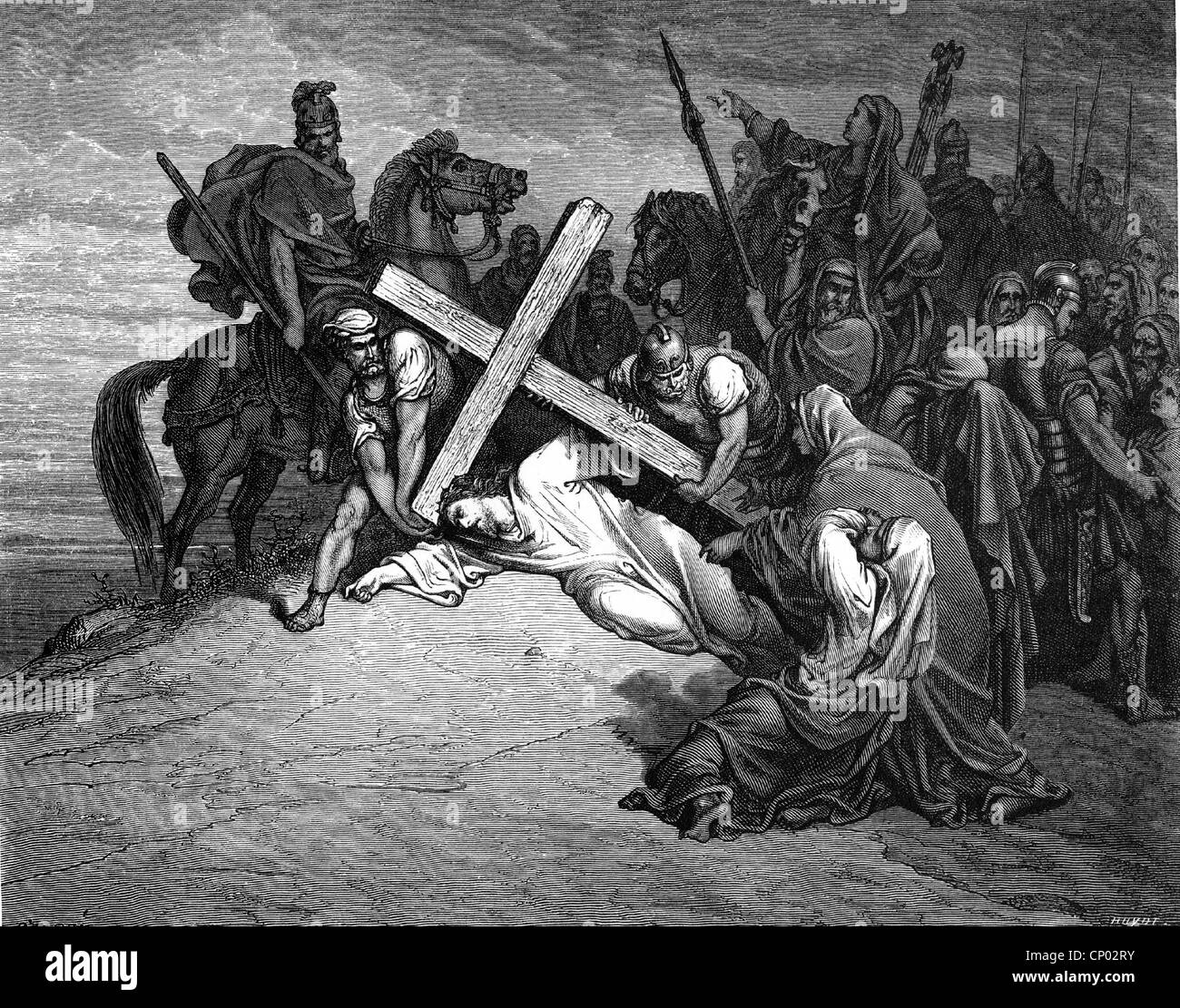 Christianity, Jesus Christ with the cross, 'Jesus on Golgotha', wood engraving by Gustave Dore (1832 - 1883), Artist's Copyright has not to be cleared Stock Photo