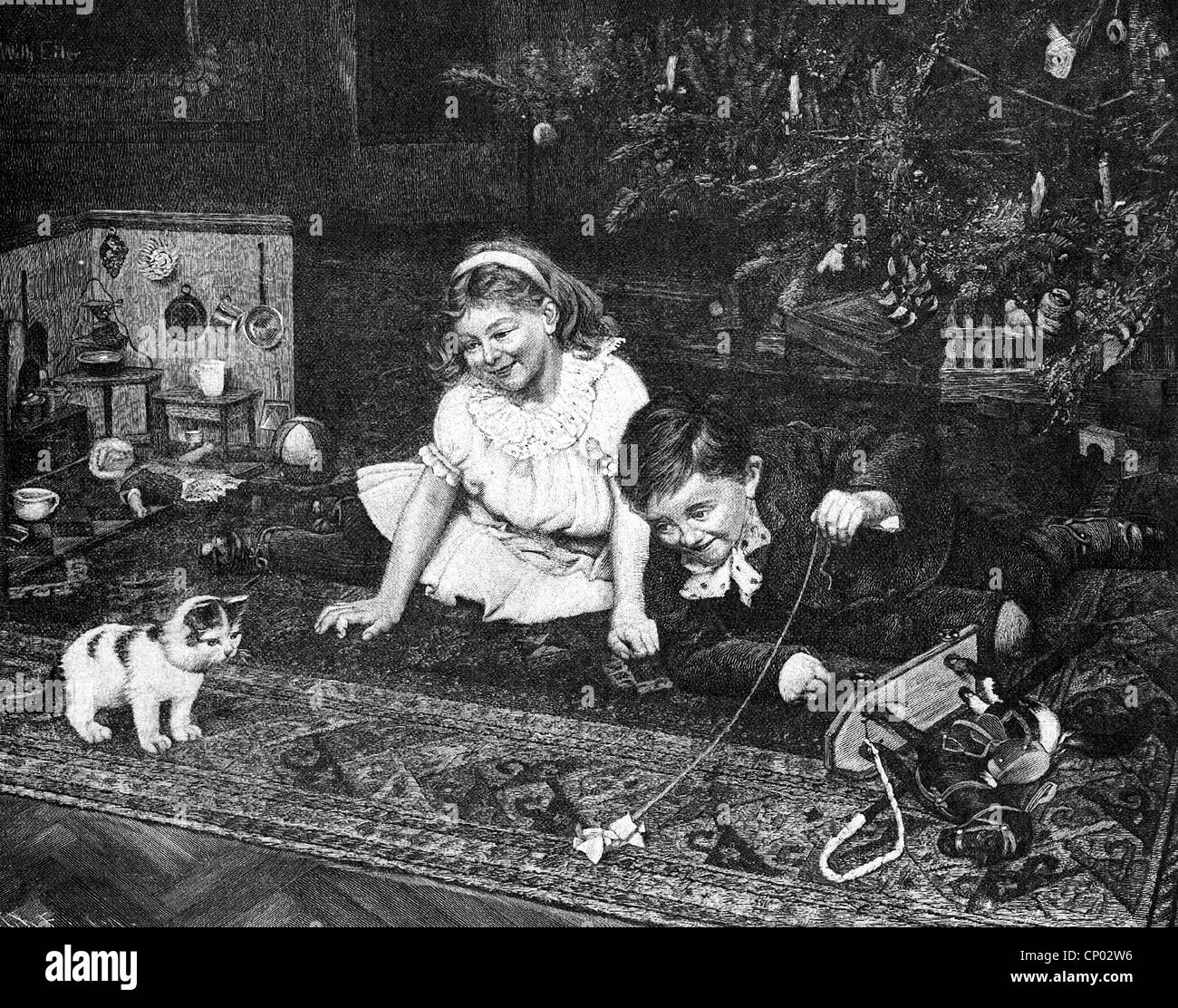 Christmas, a nice mess, children playing with kitten, 'Christmas Kitten' after painting by Wilhelm Eilers (1857 - 1919), wood engraving, 19th century, Additional-Rights-Clearences-Not Available Stock Photo