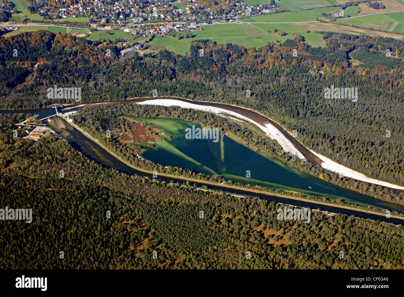 isar river at Icking with weirm gravel banks and debris, Germany, Bavaria, Icking Stock Photo
