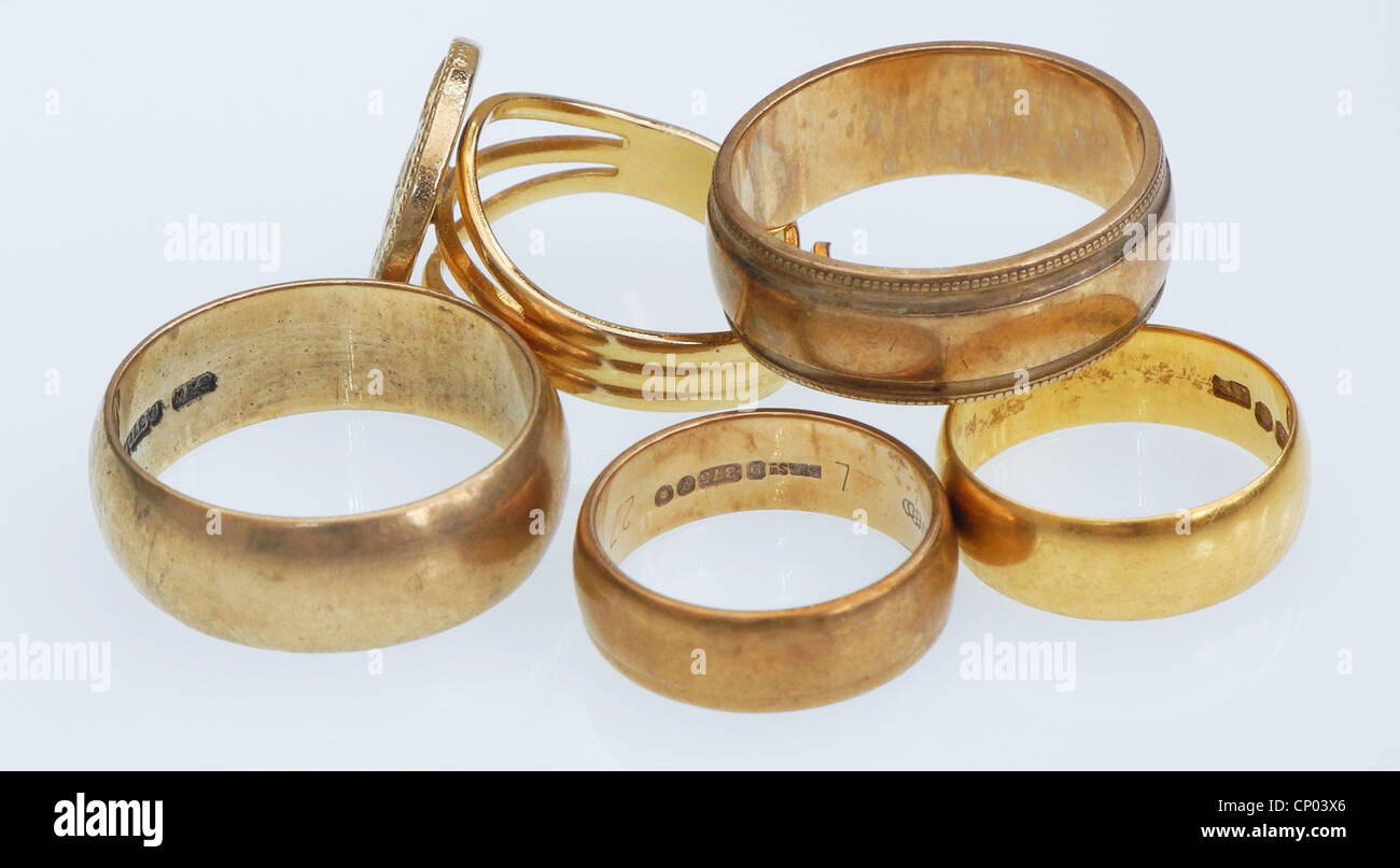 Five gold rings. Scrap gold is at an all-time high. Stock Photo