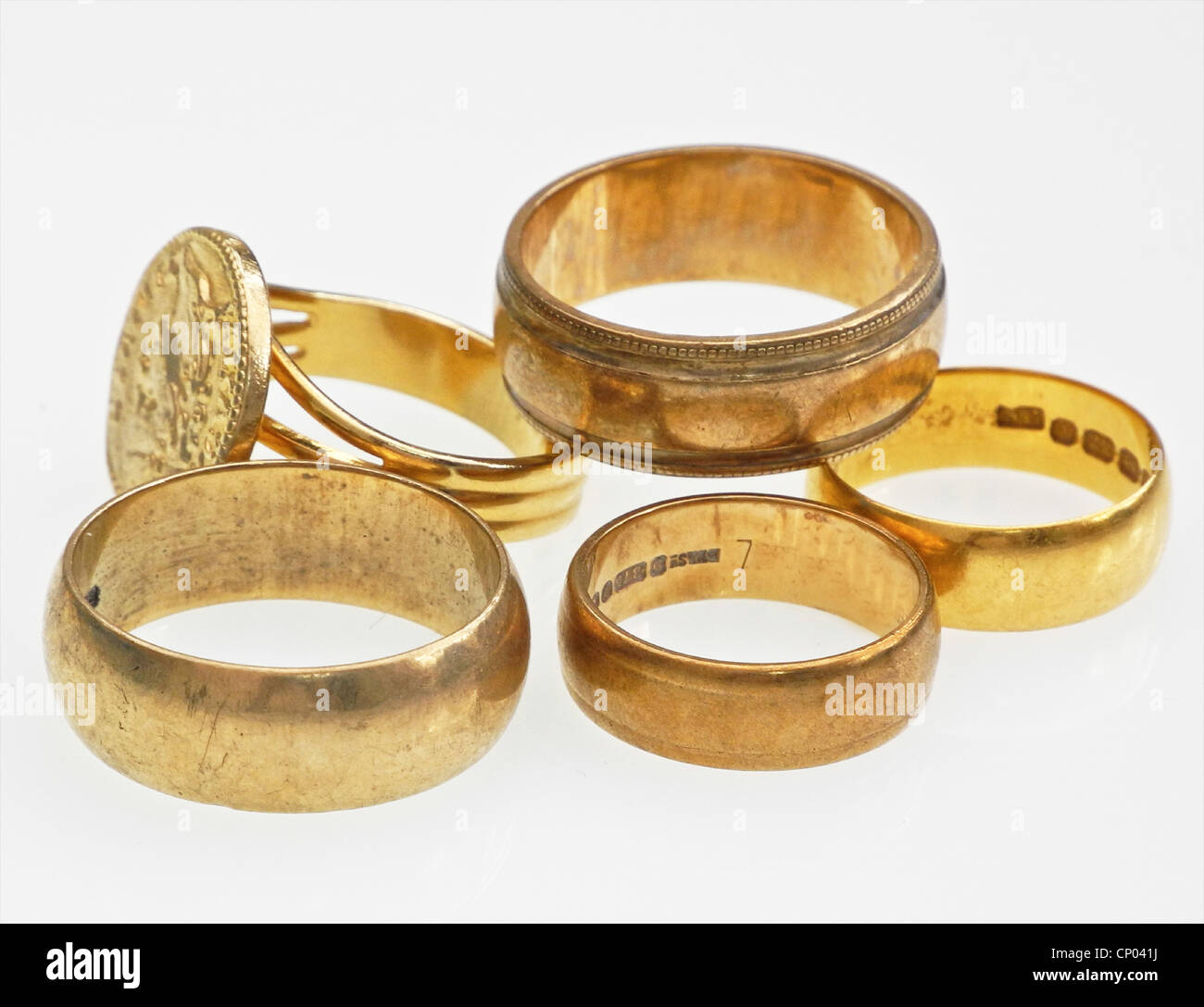 Five gold rings. Scrap gold is at an all-time high. From the archives of Press Portrait Service (formerly Press Portrait Bureau) Stock Photo