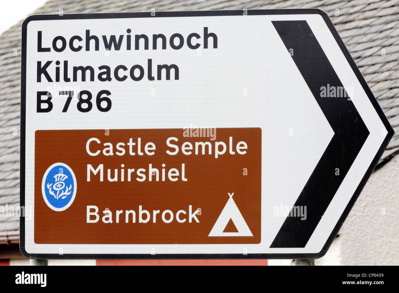 Road Direction sign to Lochwinnoch, Scotland, UK Stock Photo