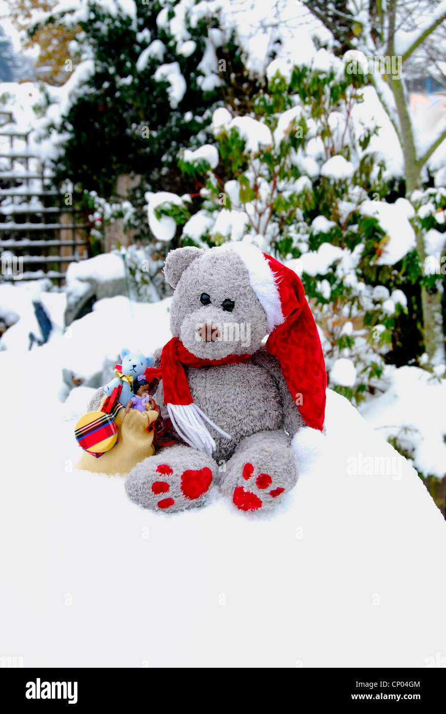 A Teddy Bear Father Xmas in the snow. Stock Photo