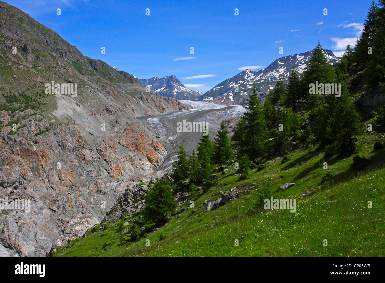 view from a mountain slope on the Aletsch Glacier, Switzerland, Valais Stock Photo