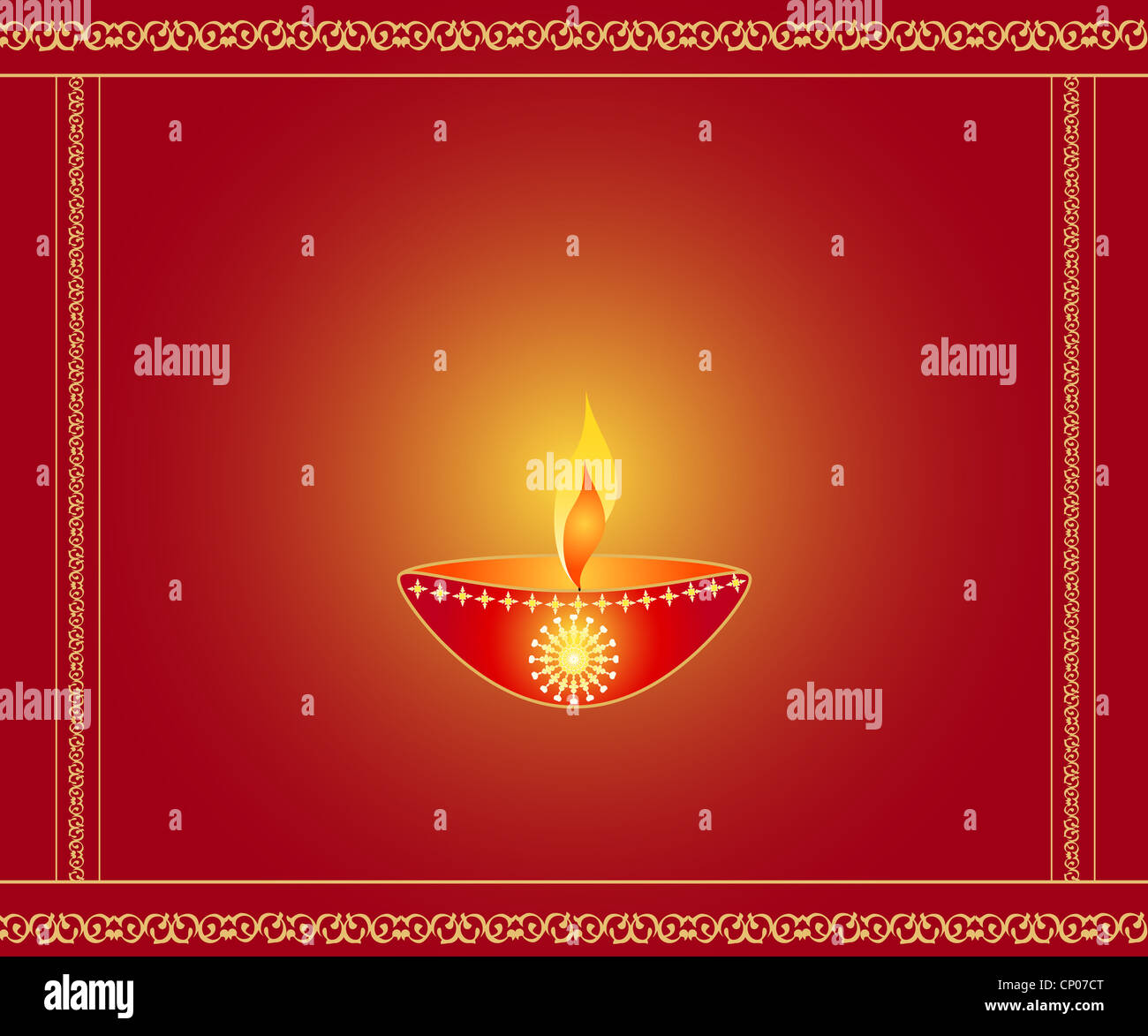 Indian festival Diwali lamp with gold border Stock Photo