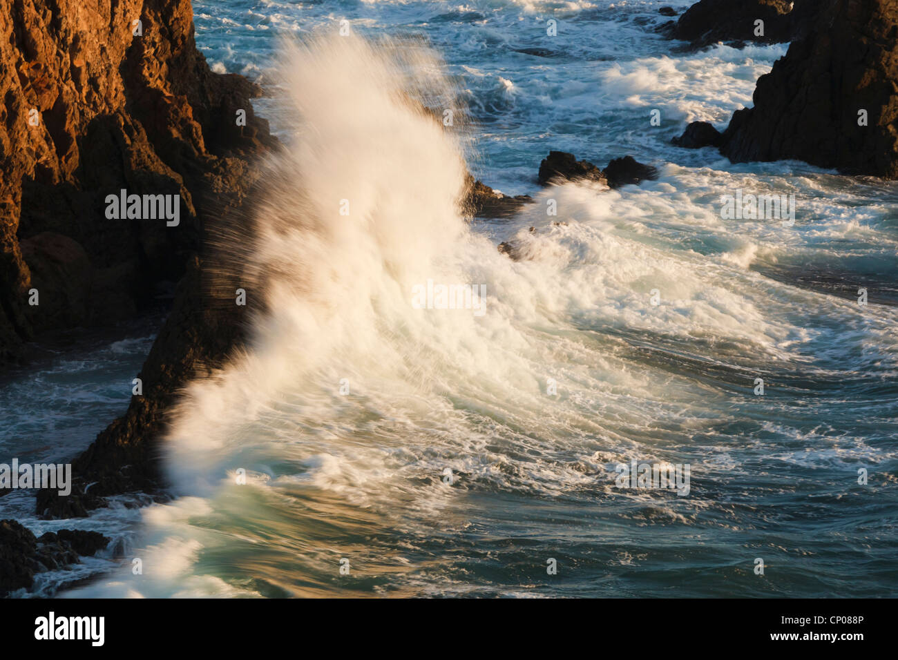 Cabo de Gata-Nijar Natural Park, Almeria Province, Spain. Waves breaking on the Arrecife de las Sirenas, or Mermaid's Reef. Stock Photo