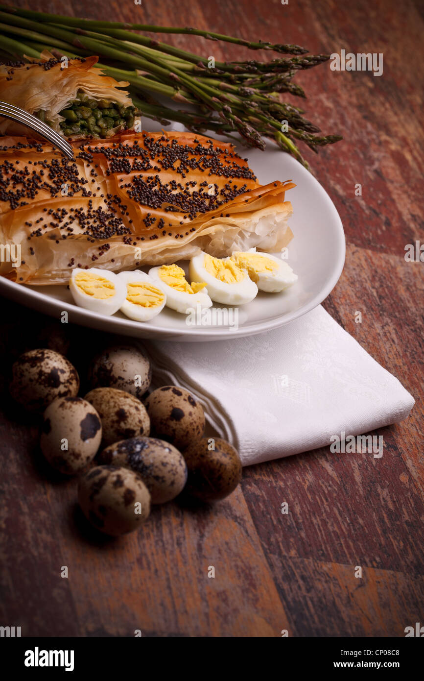 Italian Appetizers - Asparagus In Crust With Quail Eggs Stock Photo