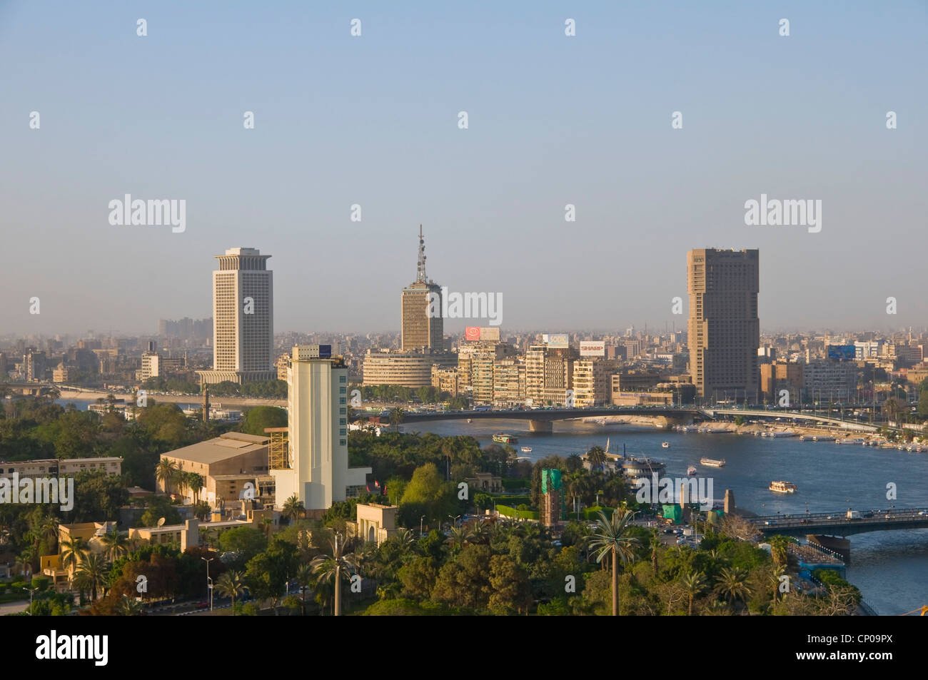 View of Nile river Opera complex gardens & downtown Cairo from Zamalek ...