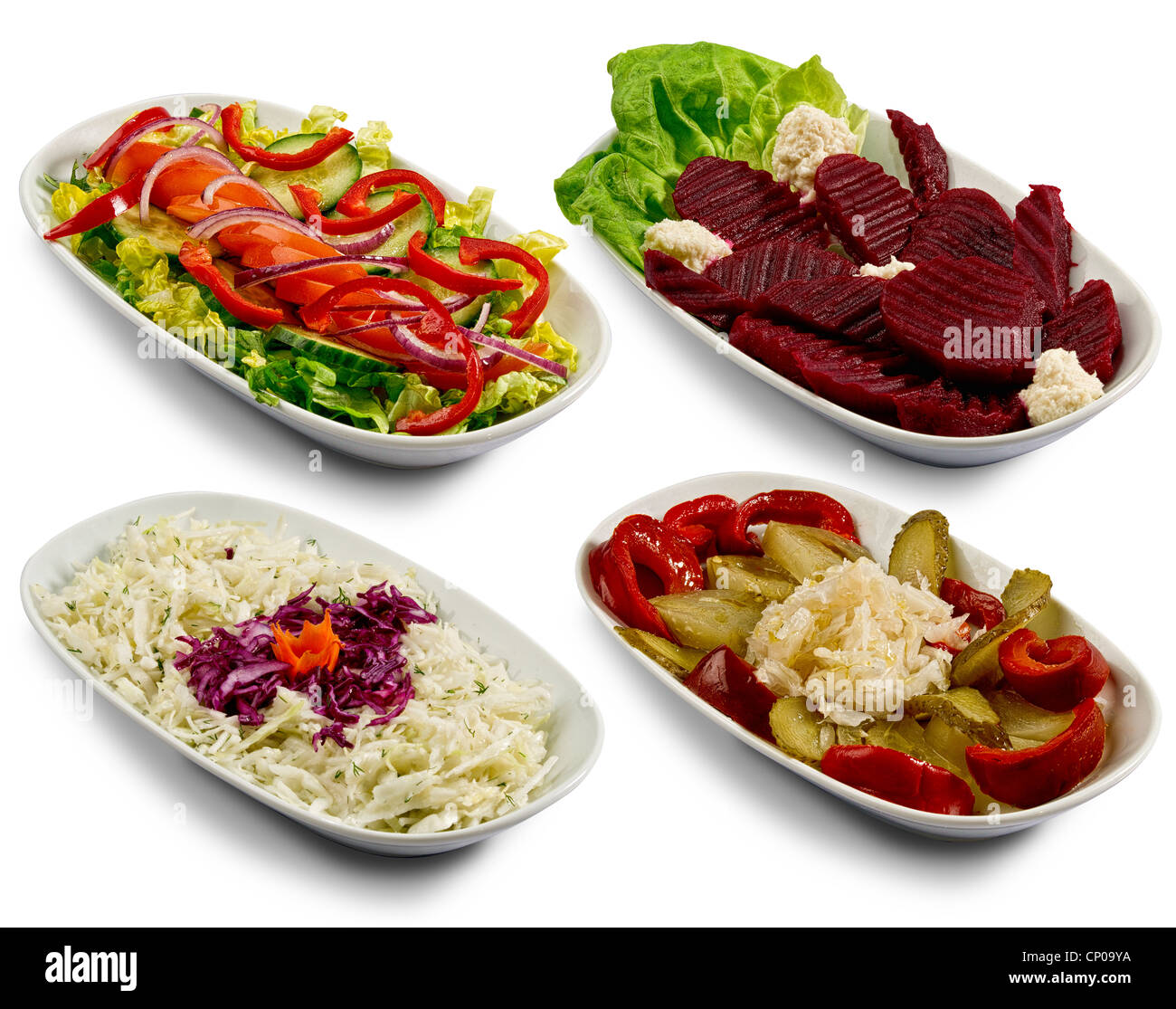 Assorted summer salad, Beetroot salad with horseradish, Cabbage salad, Pickles salad Stock Photo