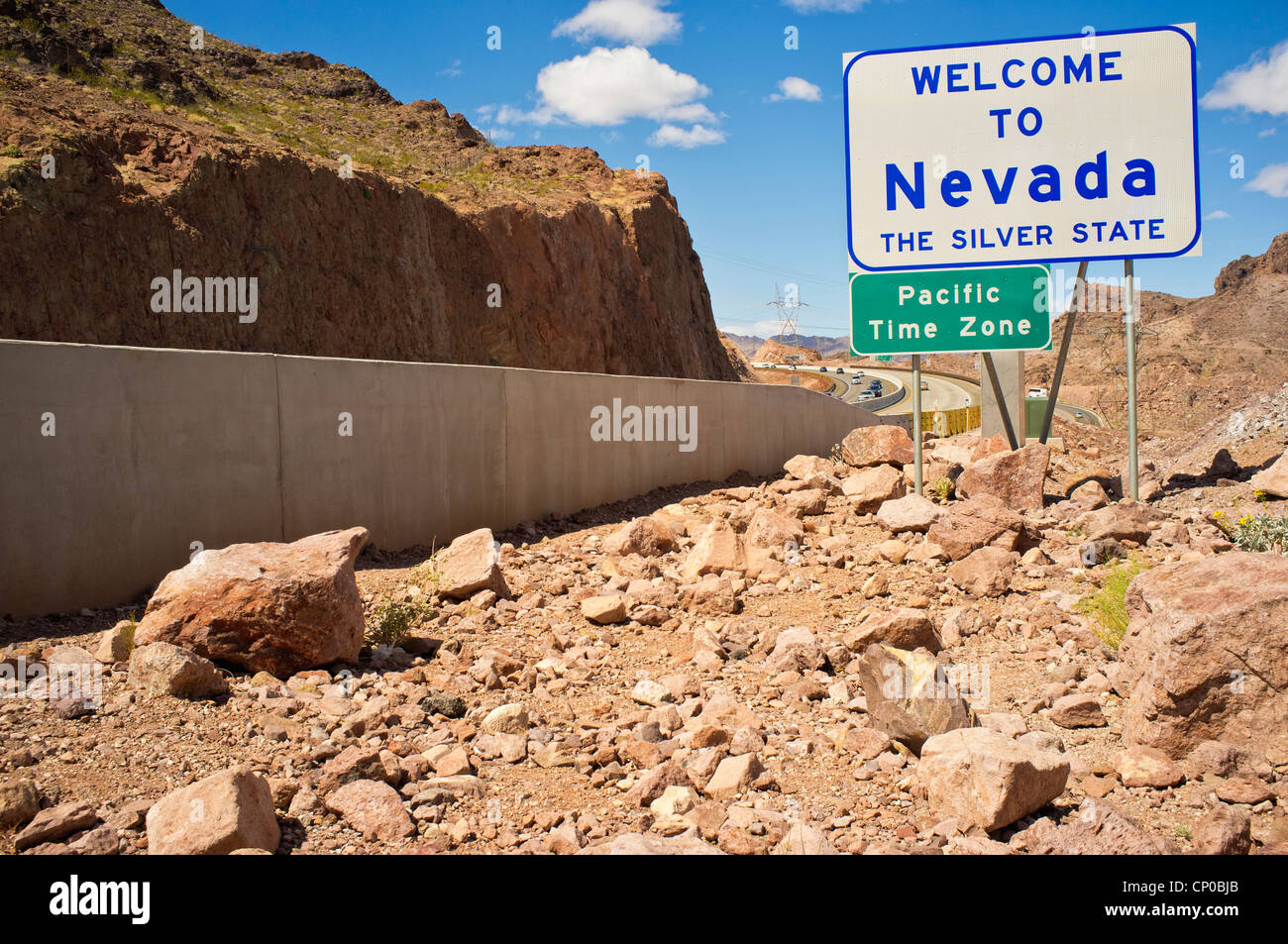 Nevada State Line Sign - Welcome to Nevada The Silver State Stock Photo