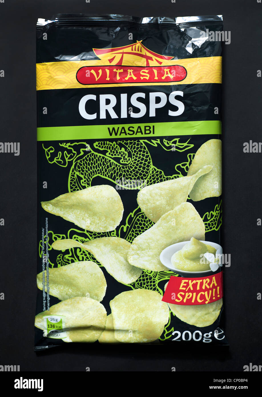 Bag of Wasabi Flavoured Crisps Stock Photo