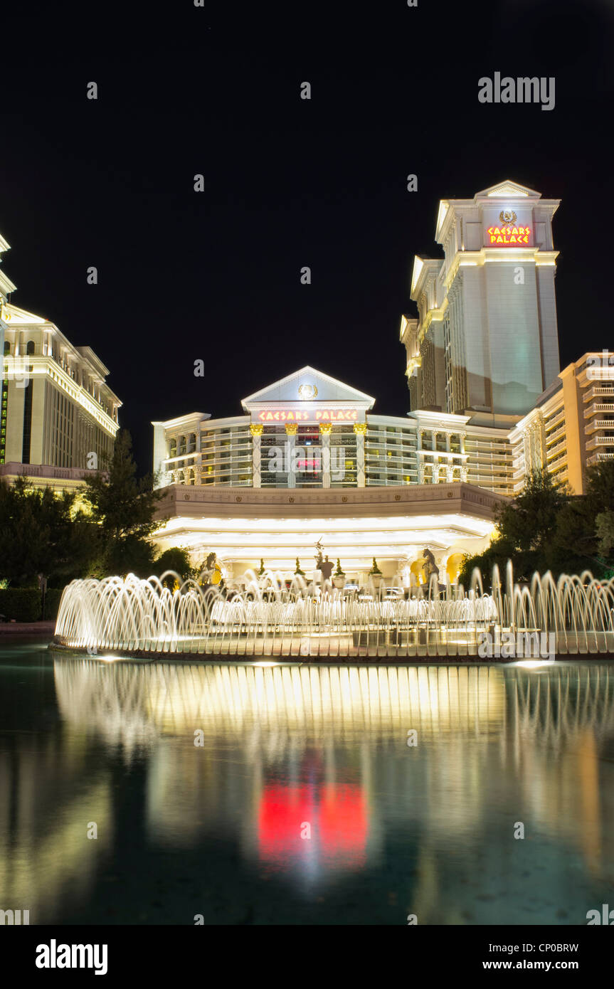 Water fountains at the Caesars Palace Hotel Resort and Casino Las Vegas at night Stock Photo
