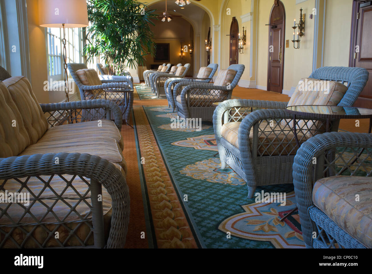 Hallway interior of Hotel Galvez in Galveston, Texas Stock Photo