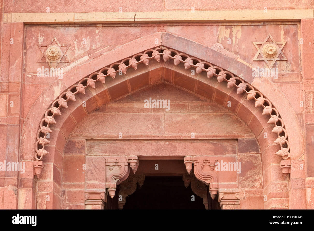 Fatehpur Sikri, India. Hindu Corbelled and Islamic Arches, Star of David, above Entrance to Jodhbai's Palace. Stock Photo