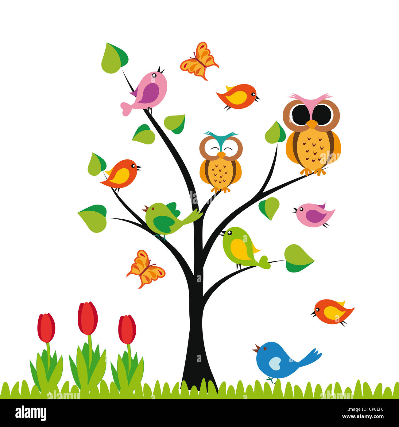 Cute kids background with trees and birds Stock Photo - Alamy