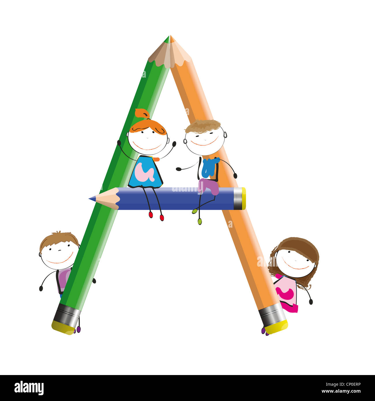 Happy kids and letter A with crayons Stock Photo