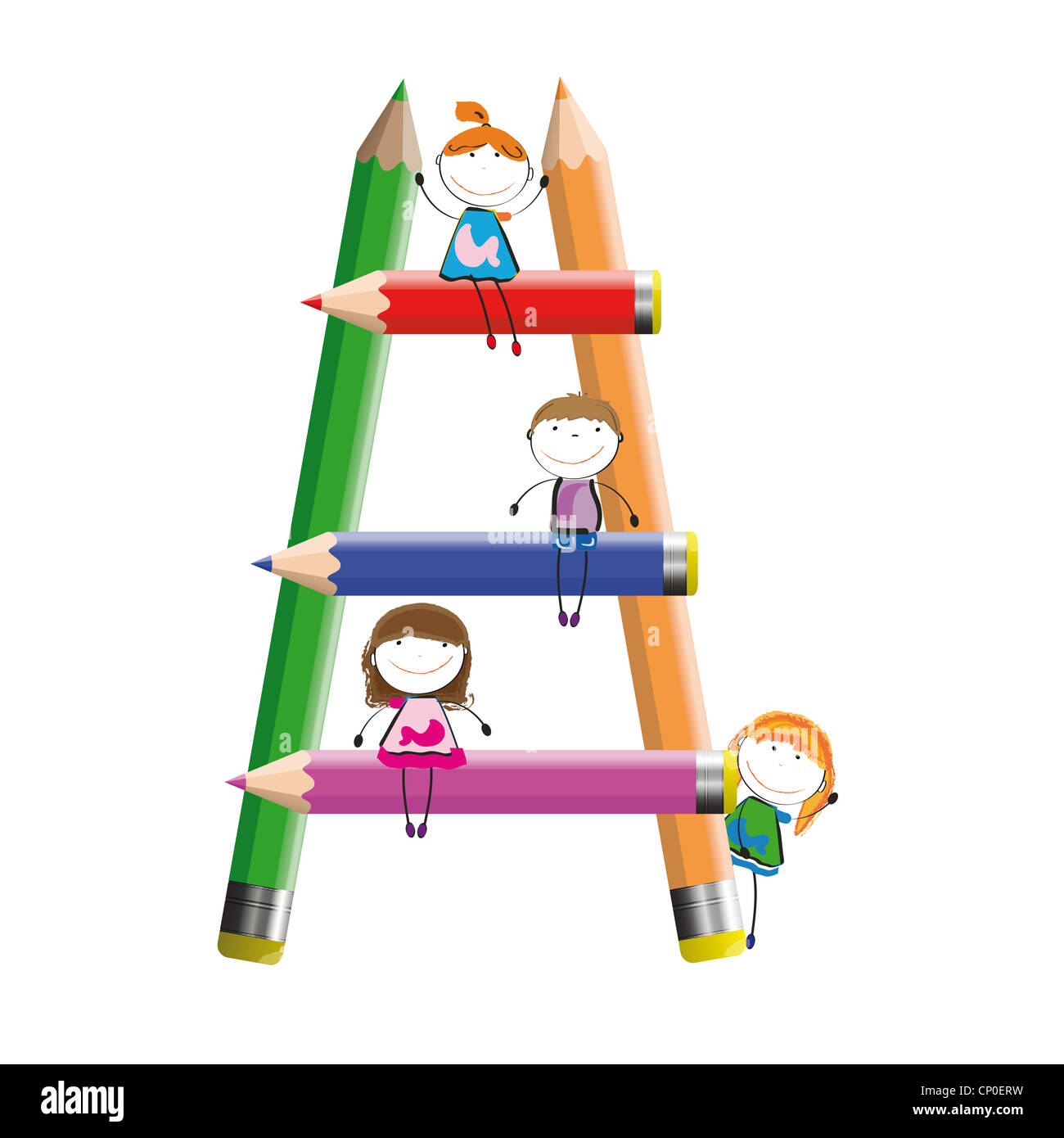 Happy kids and colorful ladder with crayons Stock Photo - Alamy