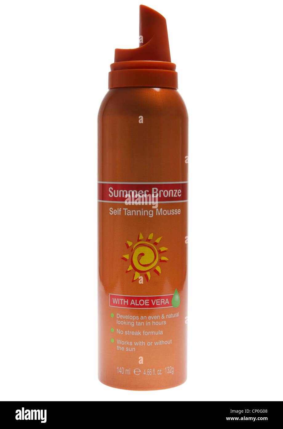 Can of self tanning mousse on white background Stock Photo