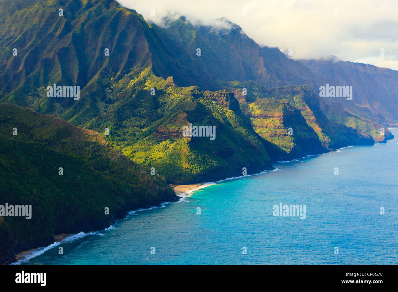 Helicopter view over Napali coastline. Kauai, Hawaii Stock Photo