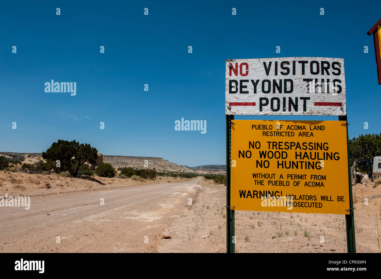 No visitors warning sign at Pueblo of Acoma land. New Mexico. USA Stock Photo