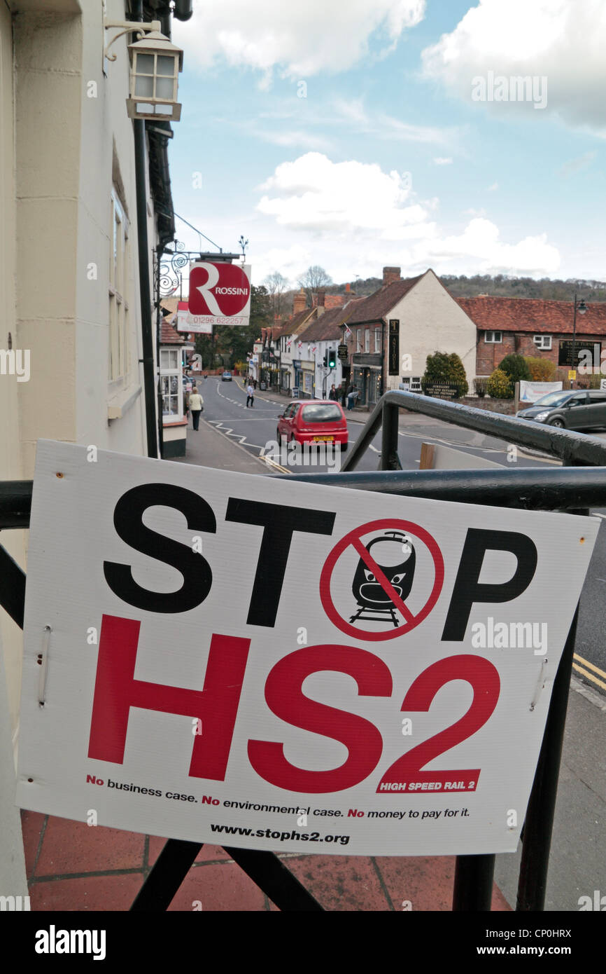 A 'Stop HS2' poster on a railing in the shopping high street of Wendover, Buckinghamshire, UK. (Apr 2012) Stock Photo