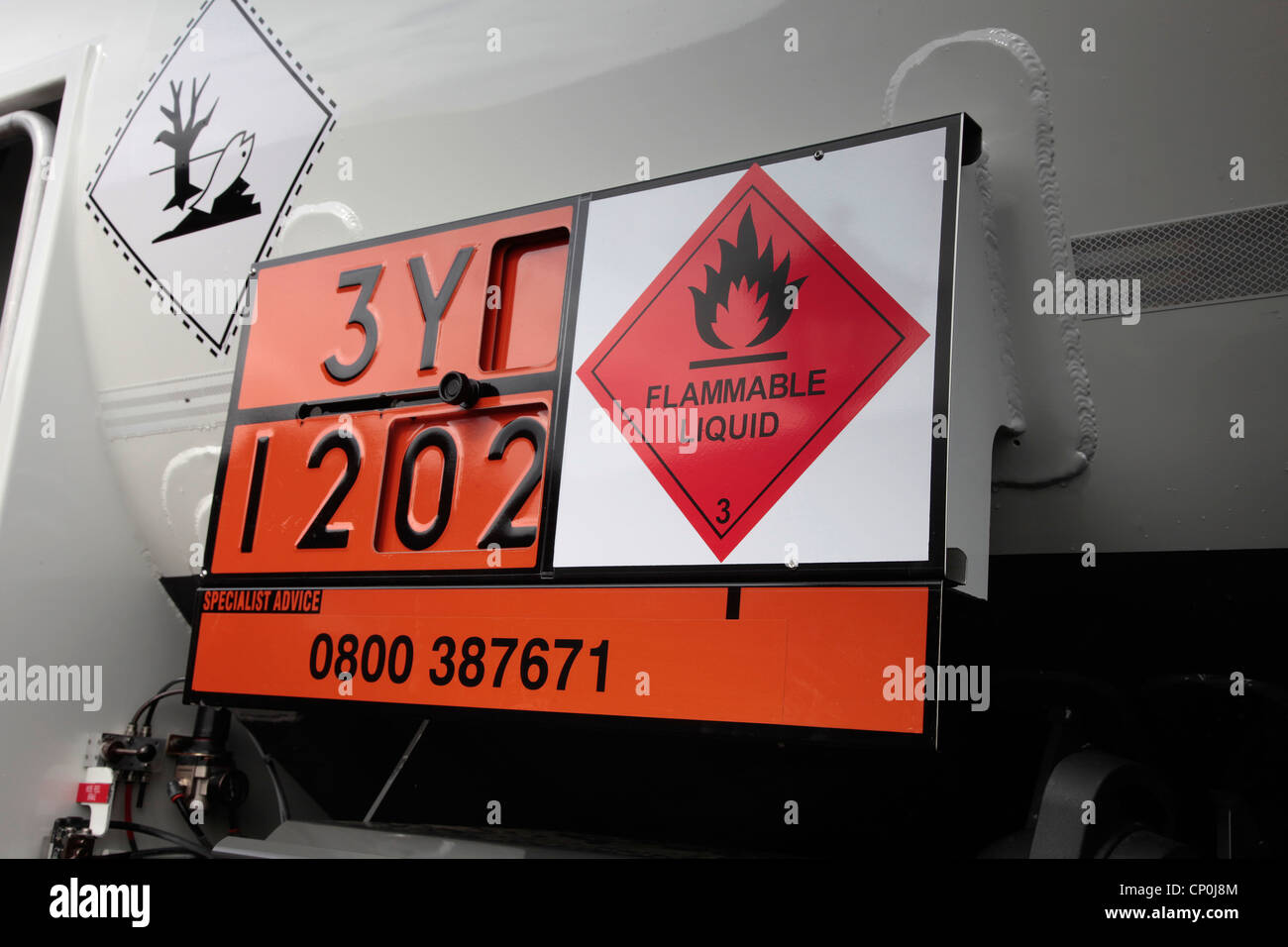 Safety sign on an Oil Tanker showing flammable liquid Stock Photo