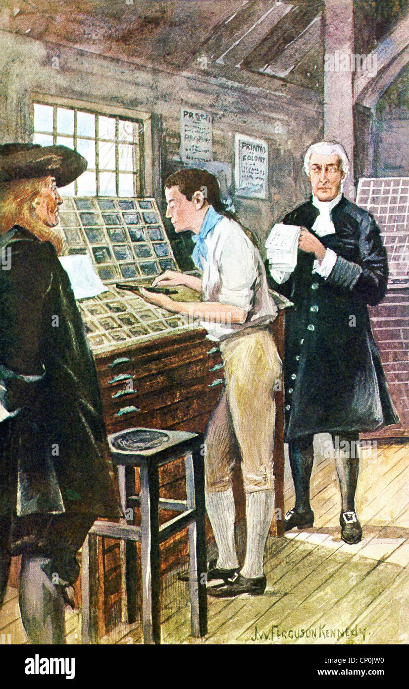 Benjamin Franklin is shown working in the printing shop of man named Keimer in Philadelphia in the 1720s. Stock Photo