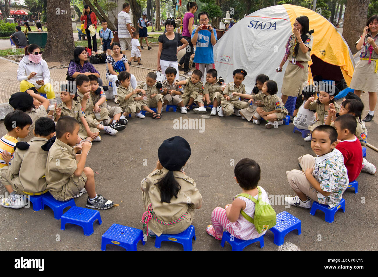 Horizontal wide angle of a Vietnamese Scout Group jamboree held in Tao Dan Cultural Park in Ho