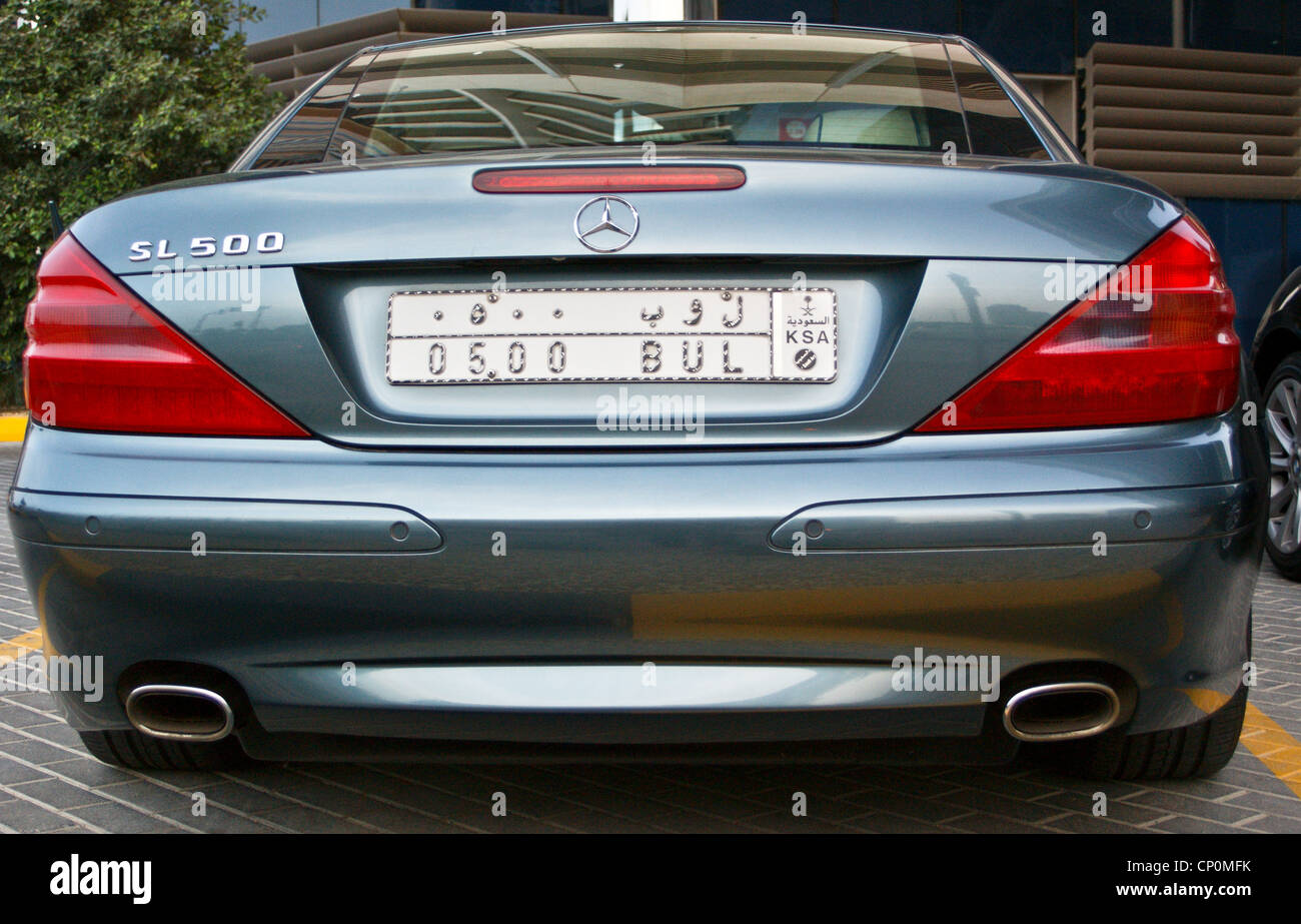 A Mercedes SL500 with Dubai number plates, Dubai, United Arab Emirates Stock Photo