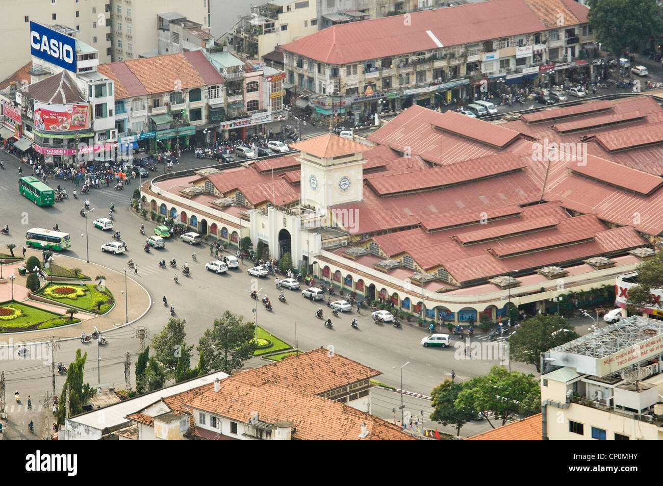 Horizontal aerial view of Ben Thanh market, Chợ Bến Thành, a large marketplace in downtown Ho Chi Minh City. Stock Photo