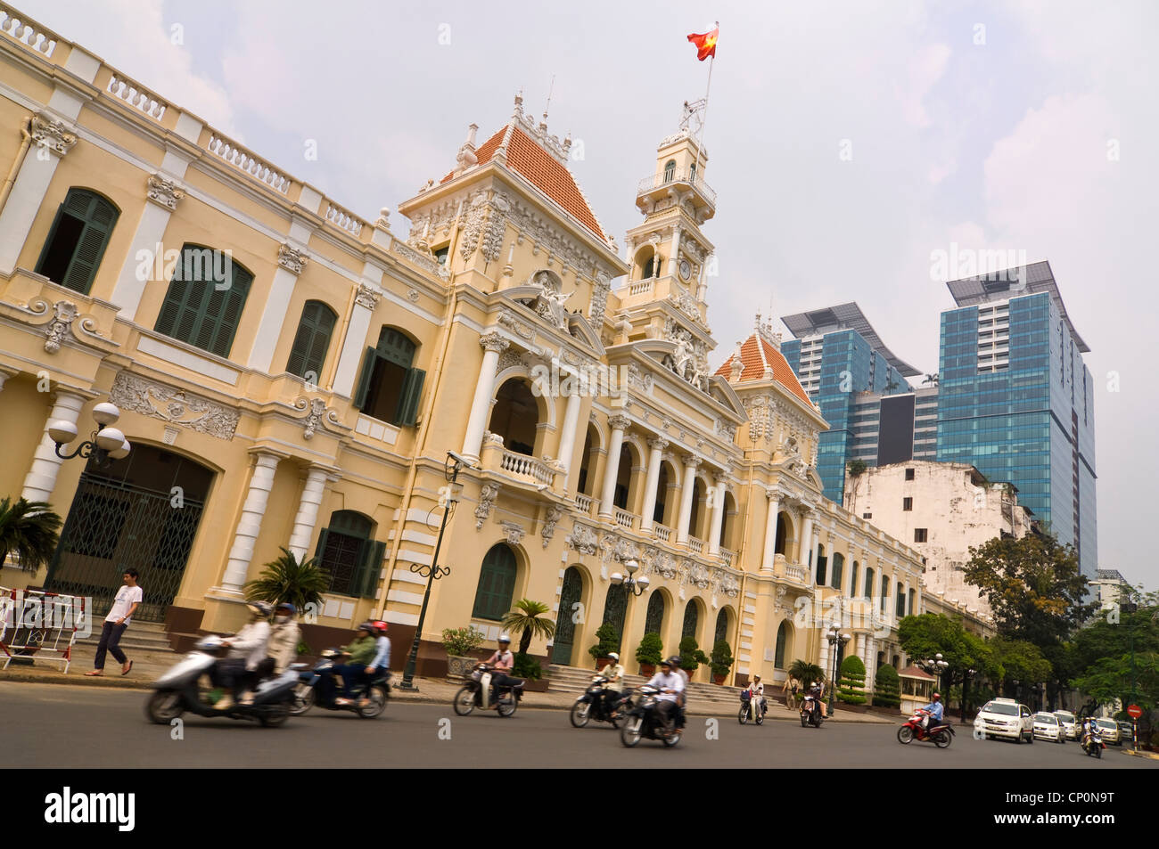 Horizontal wide angle of City Hall or Hôtel de Ville de Saigon, Trụ sở Ủy ban Nhân dân Thành phố Hồ Chí Minh in Ho Chi Minh city Stock Photo