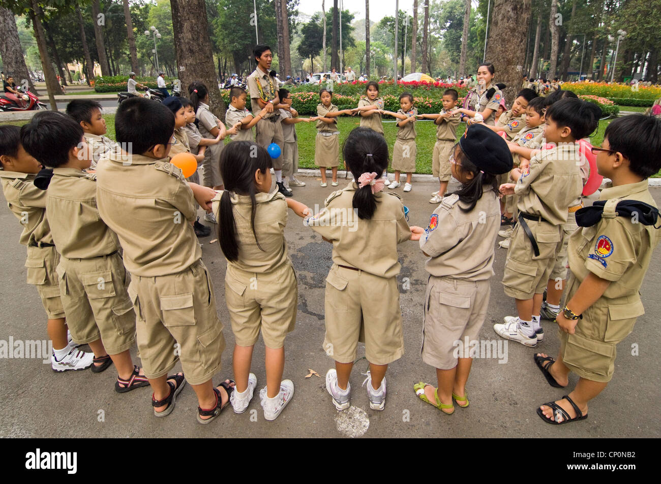 Horizontal wide angle of a Vietnamese Scout Group jamboree held in Tao Dan Cultural Park in Ho