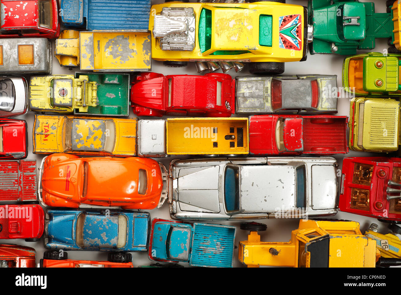 Overhead view of old toy cars Stock Photo