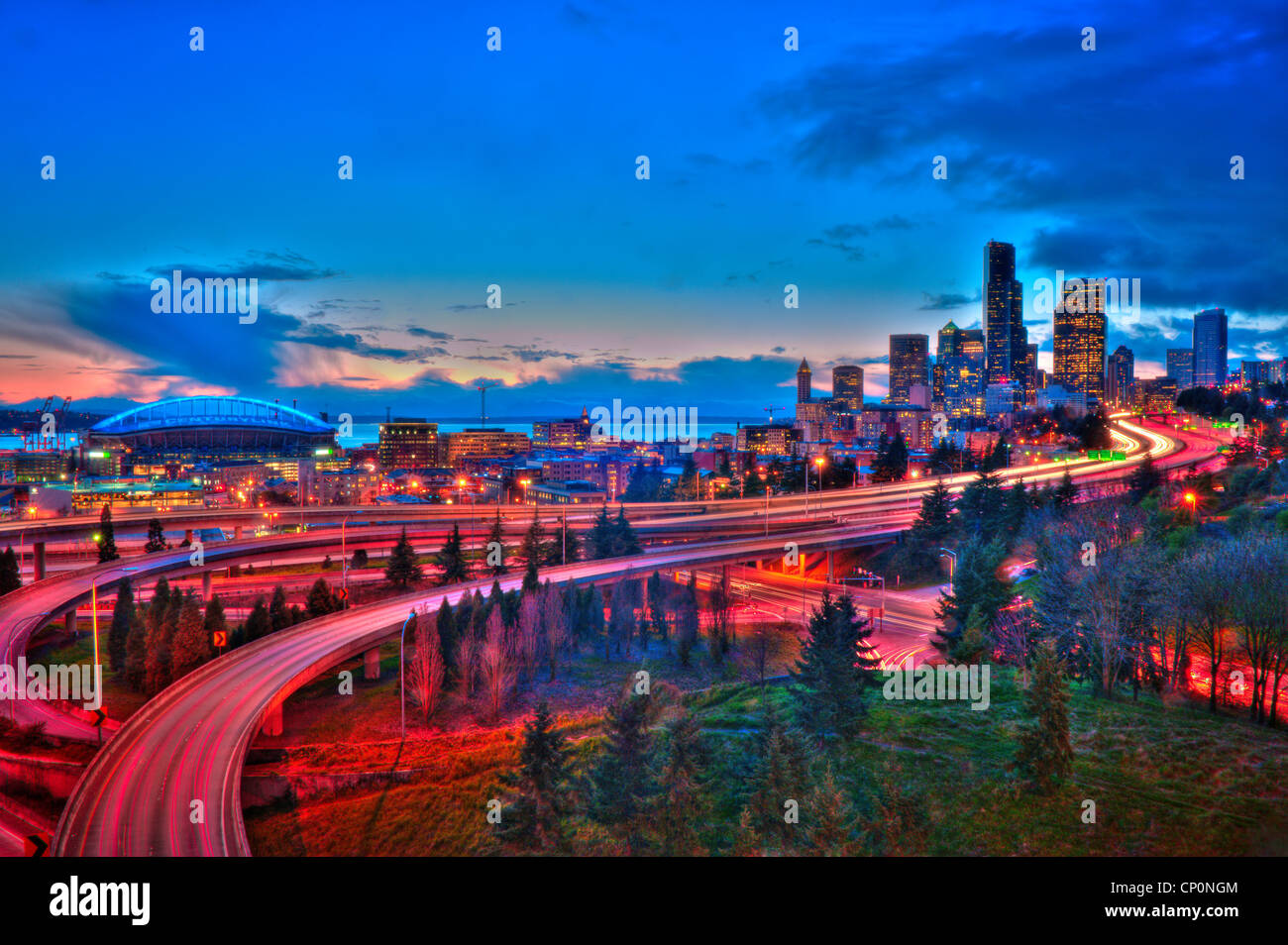 Downtown Seattle and I-5 Freeway at I-90 interchange, from Jose P. Rizal Bridge; Seattle, Washington. Stock Photo