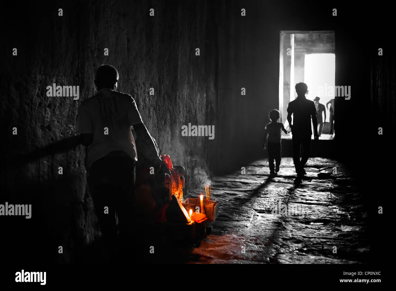 Angkor Wat corridor scene Stock Photo