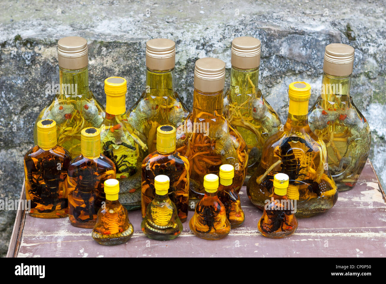 Snake wine - snakes, scorpions and other venomous animals steeped in alcohol along with herbs as a Chinese traditional medicine. Stock Photo