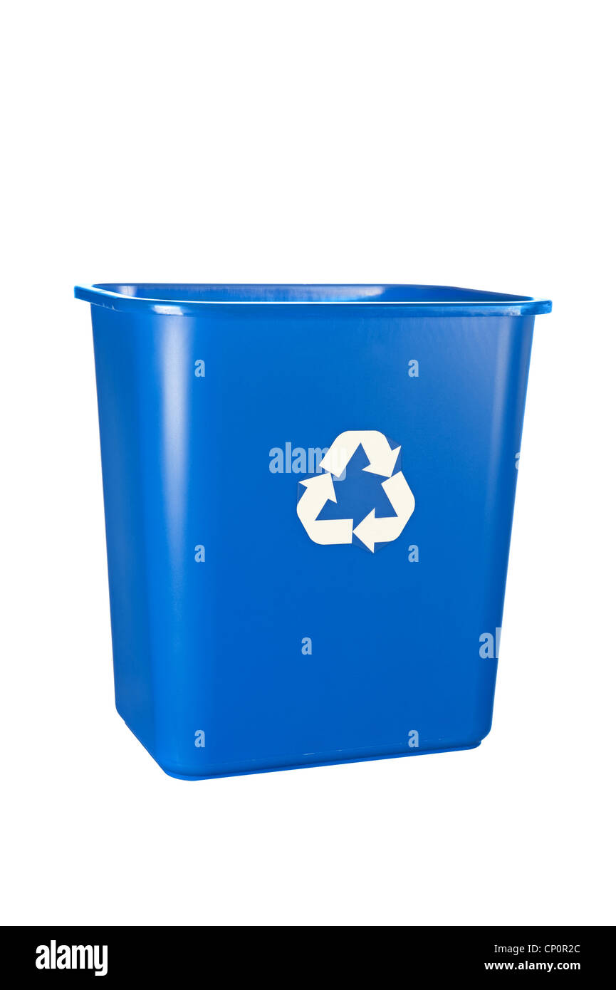 A blue, recycling bin isolated on white. For many uses regarding conservation and the environment. Stock Photo